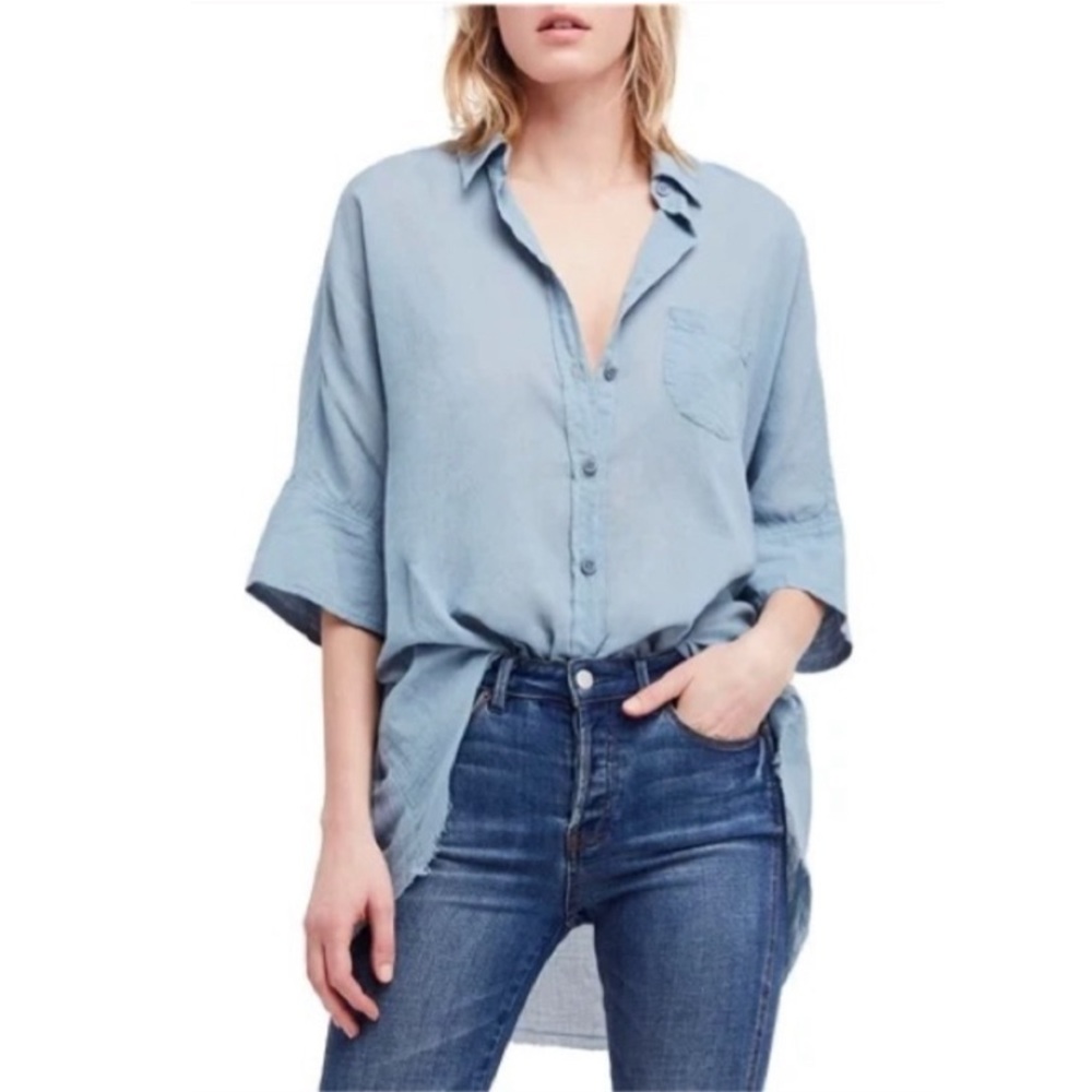 FREE PEOPLE Best of Me Blue Button Front Waterfall Top High-Low Raw Hem Blouse - Picture 7 of 16